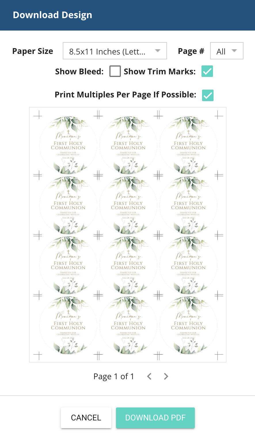 Round First Communion Thank You Tag Template | Eucalyptus & Gold Leaves Favor Tag | Sage Green Boho Baptism Tag for Boy or Girl | Editable