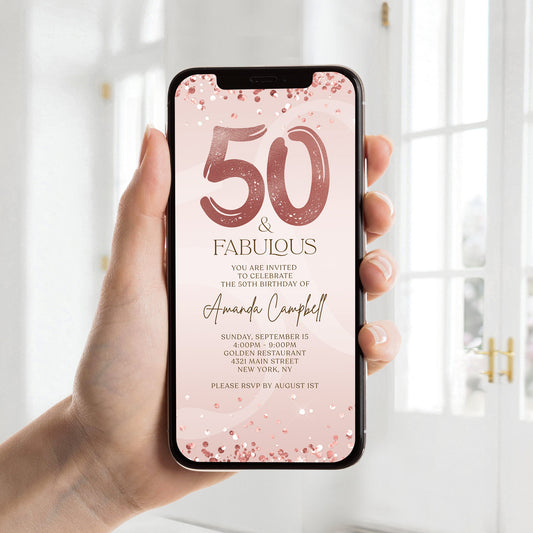 Digital Fifty and Fabulous Dinner Party Invite, 50th Birthday Invitation, Editable Rose Gold Ladies Evite, Electronic Text Message Evite