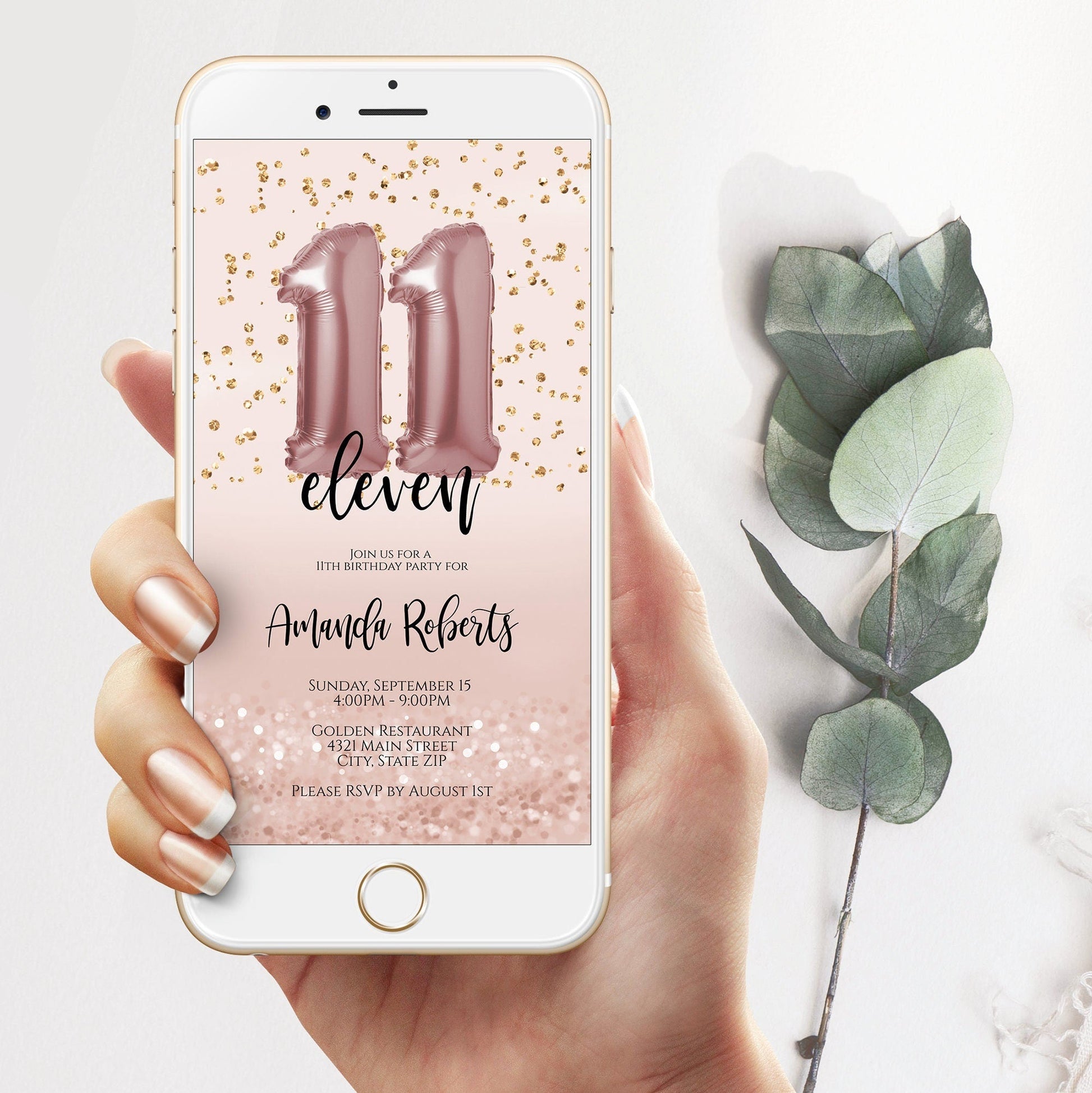 Digital Rose Gold Balloon 11th Birthday Invitation Template, Electronic 11th Invite, Editable Evite, Digital Template, Phone text message
