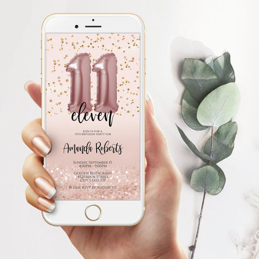 Digital Rose Gold Balloon 11th Birthday Invitation Template, Electronic 11th Invite, Editable Evite, Digital Template, Phone text message