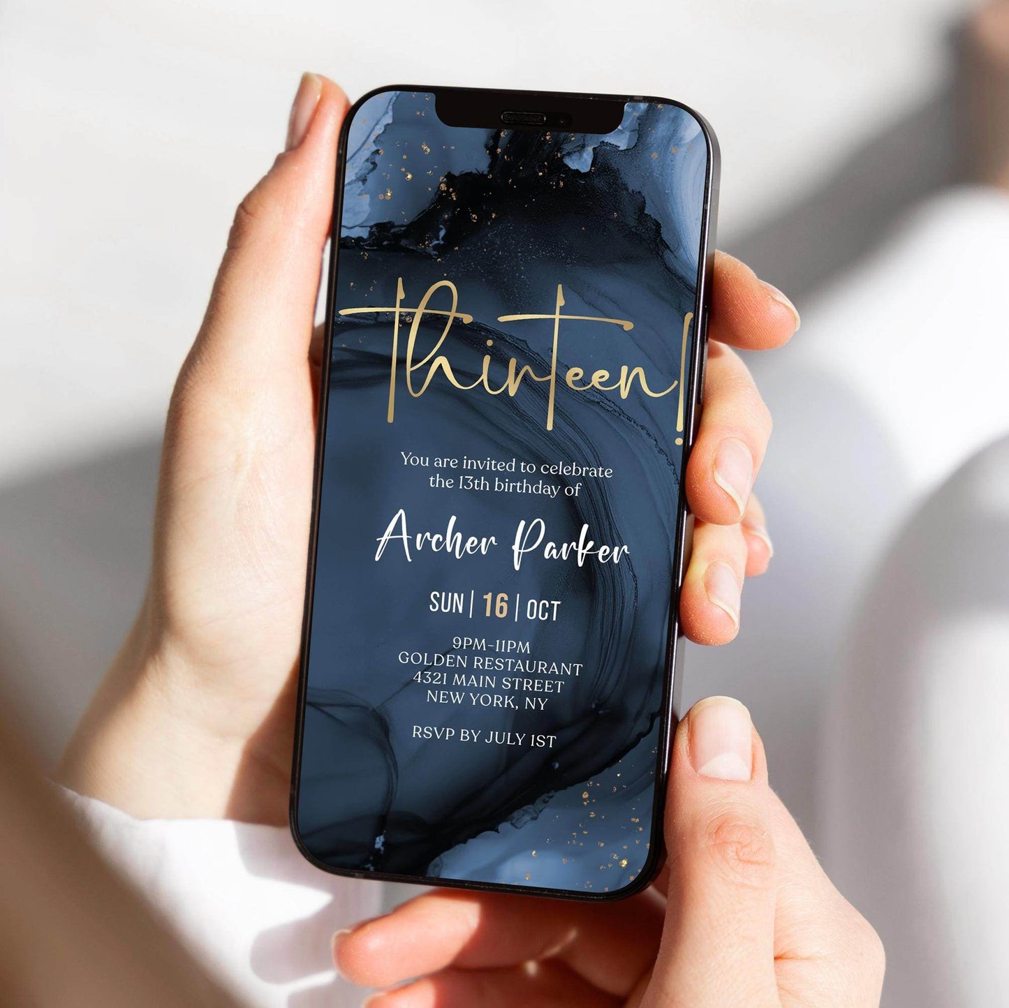 Blue Navy Gold 13th Birthday Invitation – Boy Digital Party Invite – Editable Teen Birthday Template – Text Message Evite – Electronic Download
