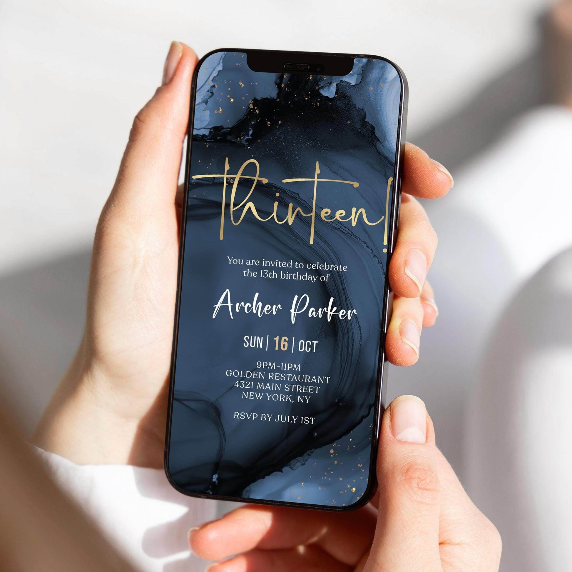Blue Navy Gold 13th Birthday Invitation – Boy Digital Party Invite – Editable Teen Birthday Template – Text Message Evite – Electronic Download