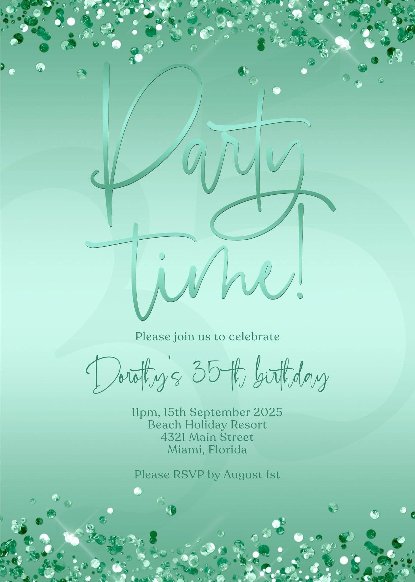 Editable Green Mint Party Invitation Template, Printable Confetti Party Time Invite, Any Age Birthday Email Text Message, Digital Download