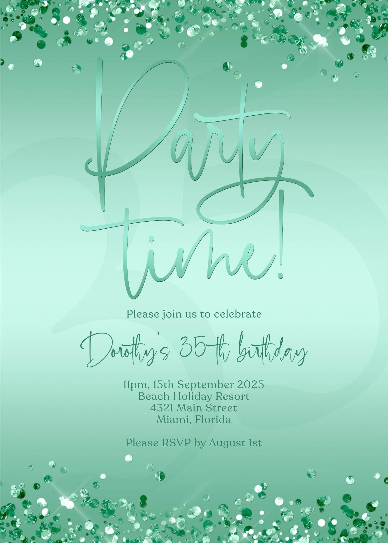 Editable Green Mint Party Invitation Template, Printable Confetti Party Time Invite, Any Age Birthday Email Text Message, Digital Download