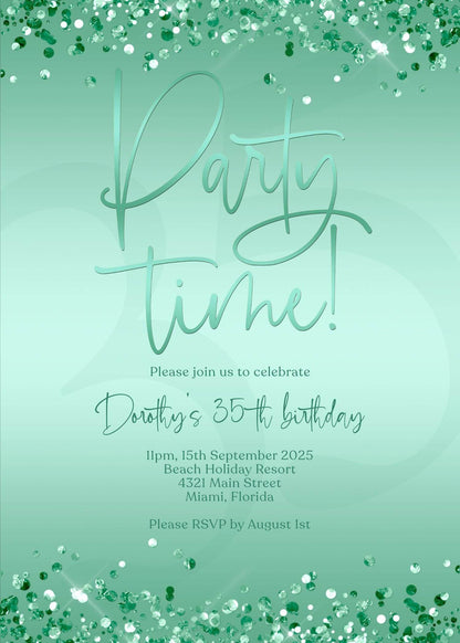 Editable Green Mint Party Invitation Template, Printable Confetti Party Time Invite, Any Age Birthday Email Text Message, Digital Download