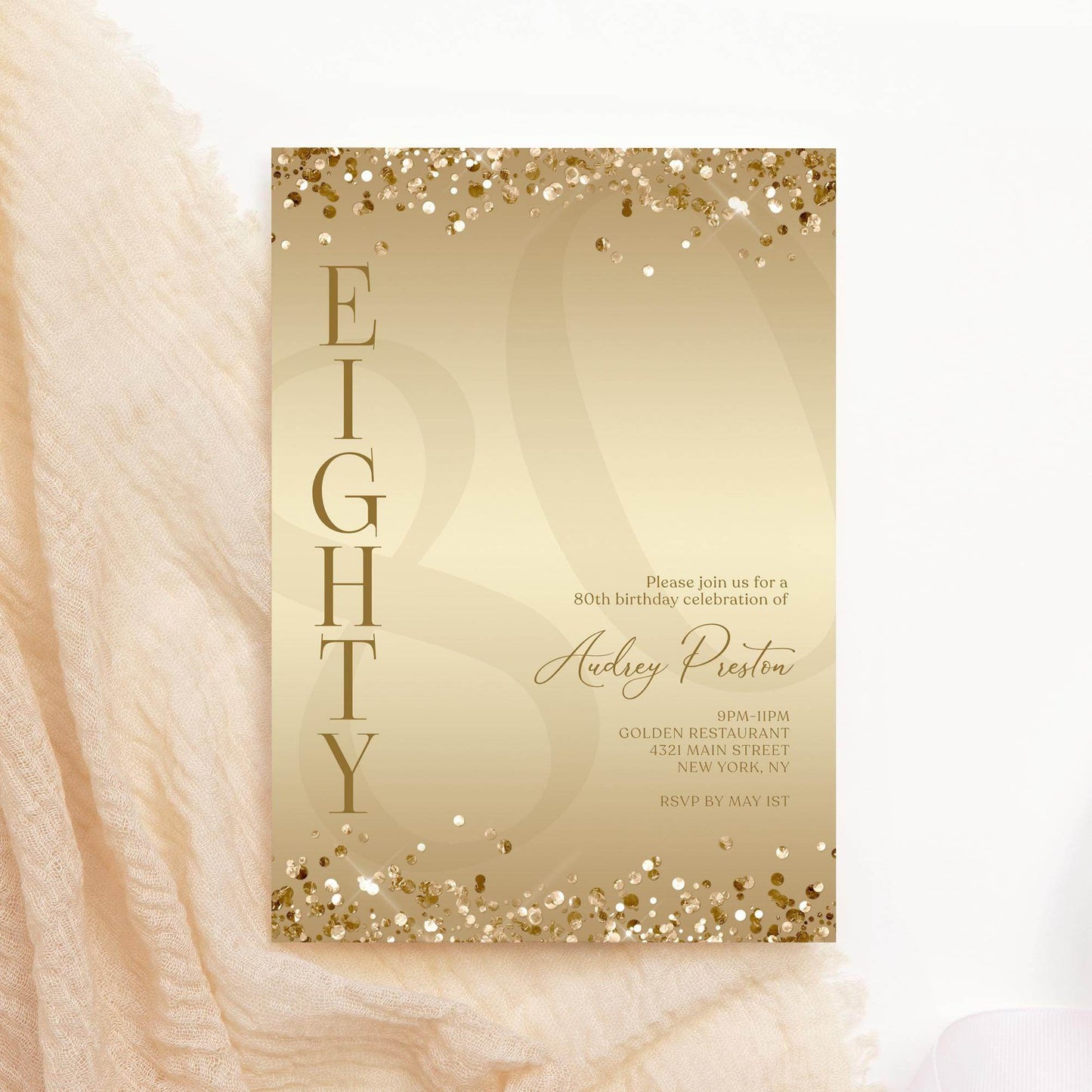 Gold 80th Birthday Invitation Template, Printable Luxury Surprise Party Invite, Gold Foil Confetti Editable Card, Digital Instant Download