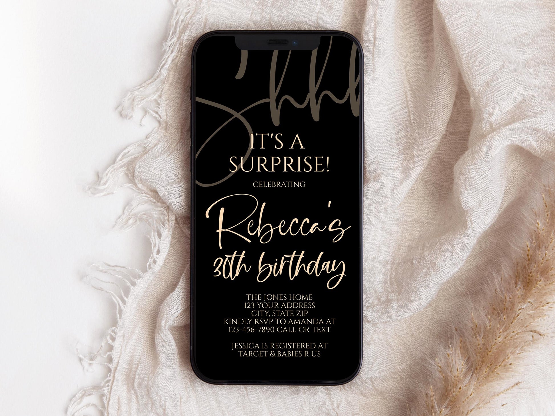 Black Gold Shhh it's a surprise Electronic 30th birthday text invitation template, Any Age editable diy invite, Message invite, Phone Evite