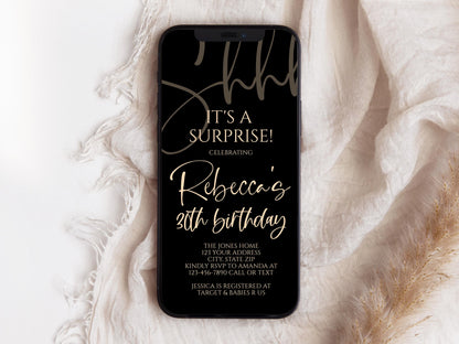 Black Gold Shhh it's a surprise Electronic 30th birthday text invitation template, Any Age editable diy invite, Message invite, Phone Evite