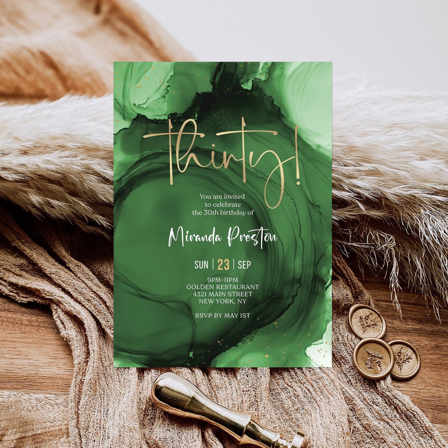 Green Emerald Gold 30th Thirty Birthday Invitation Template, Printable Woman Dinner Party Invite, Editable Surprise Invite, Digital Download