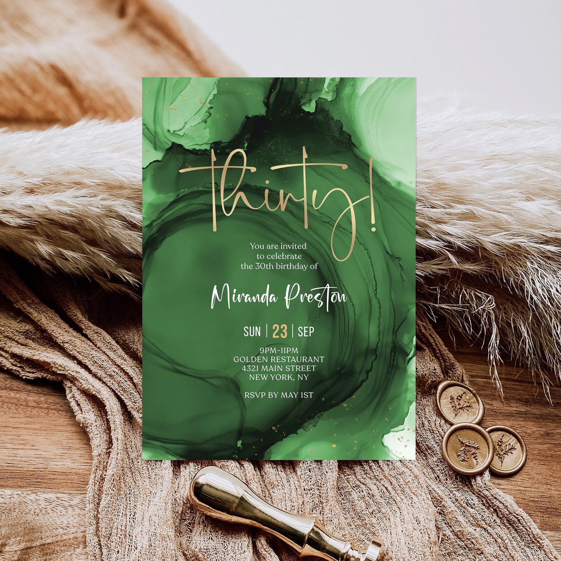 Green Emerald Gold 30th Thirty Birthday Invitation Template, Printable Woman Dinner Party Invite, Editable Surprise Invite, Digital Download