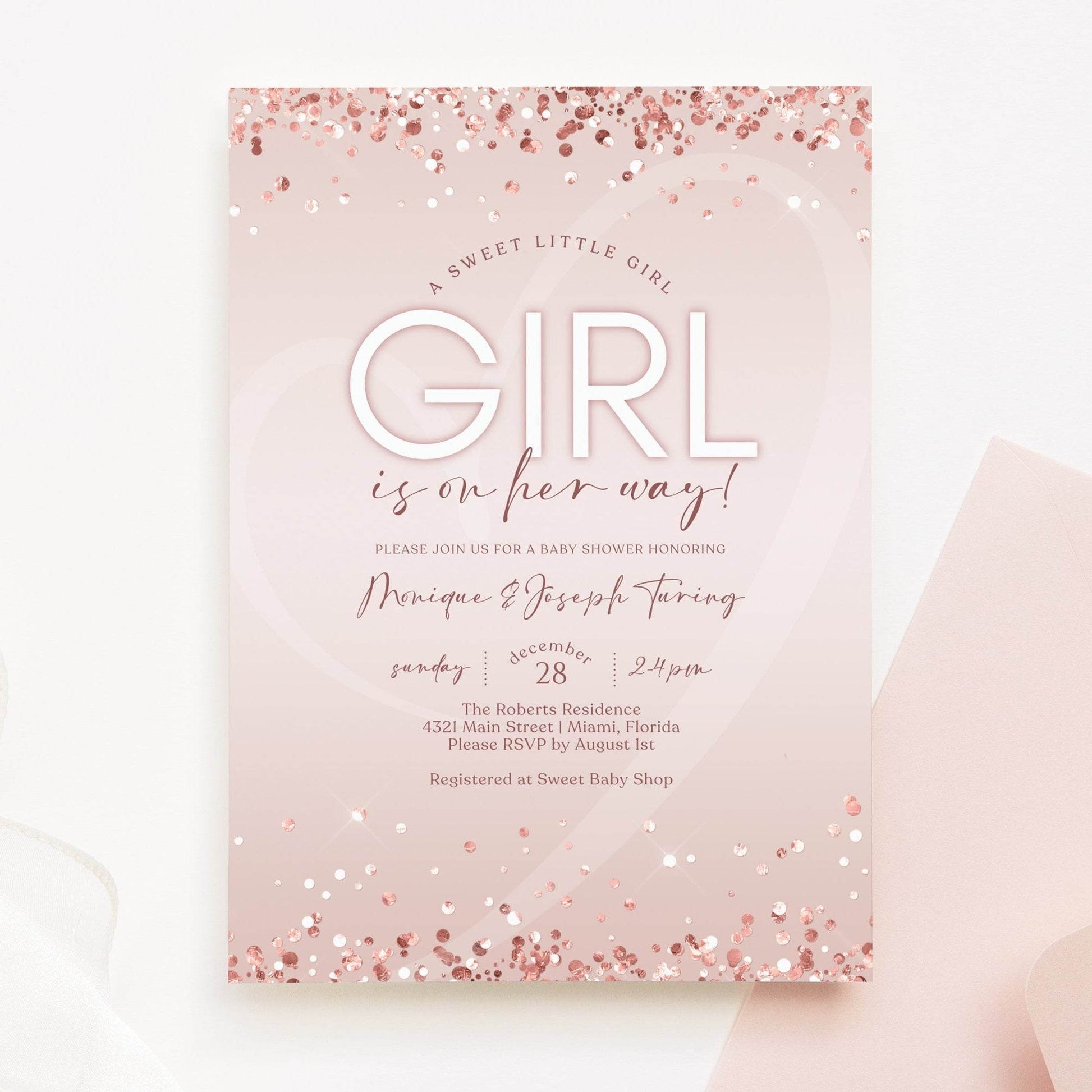 Girl Baby Shower Invitation Template, Printable Pink Baby Shower Invitation, Editable Baby Shower Invite, Digital Sweet Baby Girl Evite