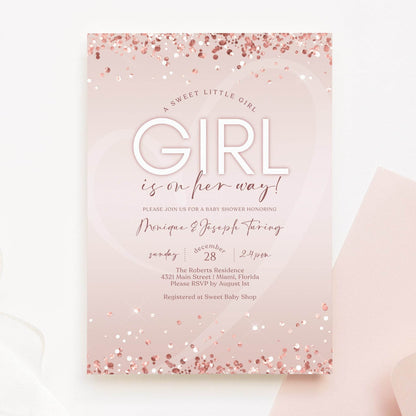 Girl Baby Shower Invitation Template, Printable Pink Baby Shower Invitation, Editable Baby Shower Invite, Digital Sweet Baby Girl Evite
