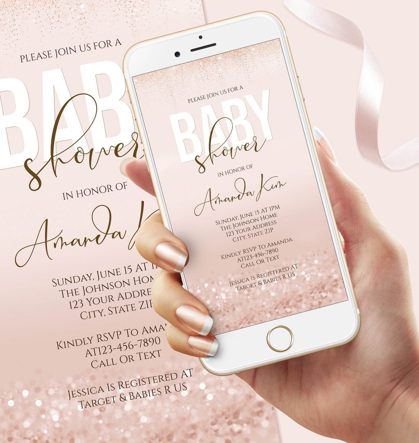 Digital Girl Baby Shower Invitation Template - Rose Gold Design, Text Message Evite, Instant Download