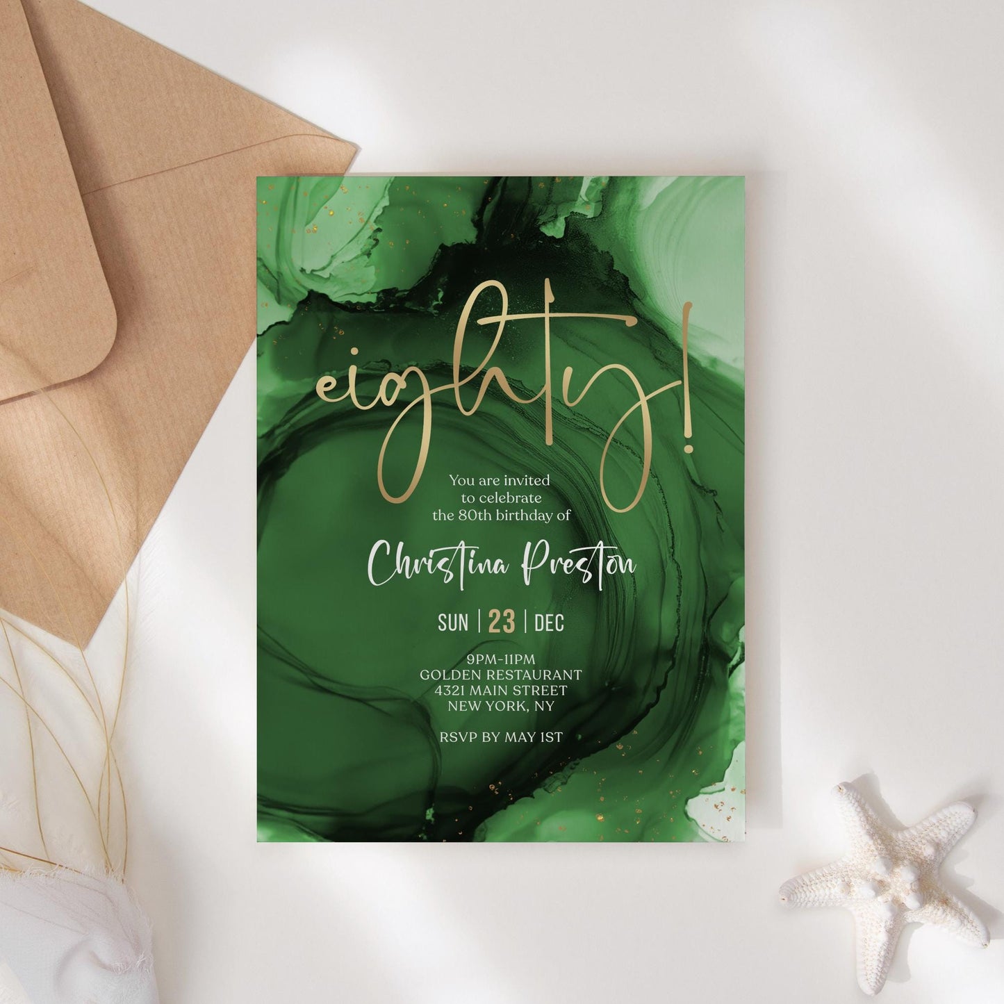 Green Emerald Gold 80th Birthday Invitation Template, Printable & Editable Surprise Birthday Invite, Digital Download