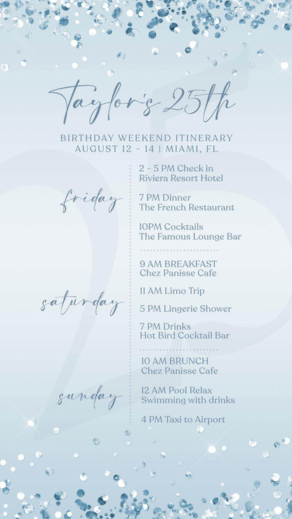 Electronic Birthday Weekend Itinerary Template, Blue Silver Birthday Itinerary, Digital Birthday Weekend Schedule, Editable Itinerary Invite