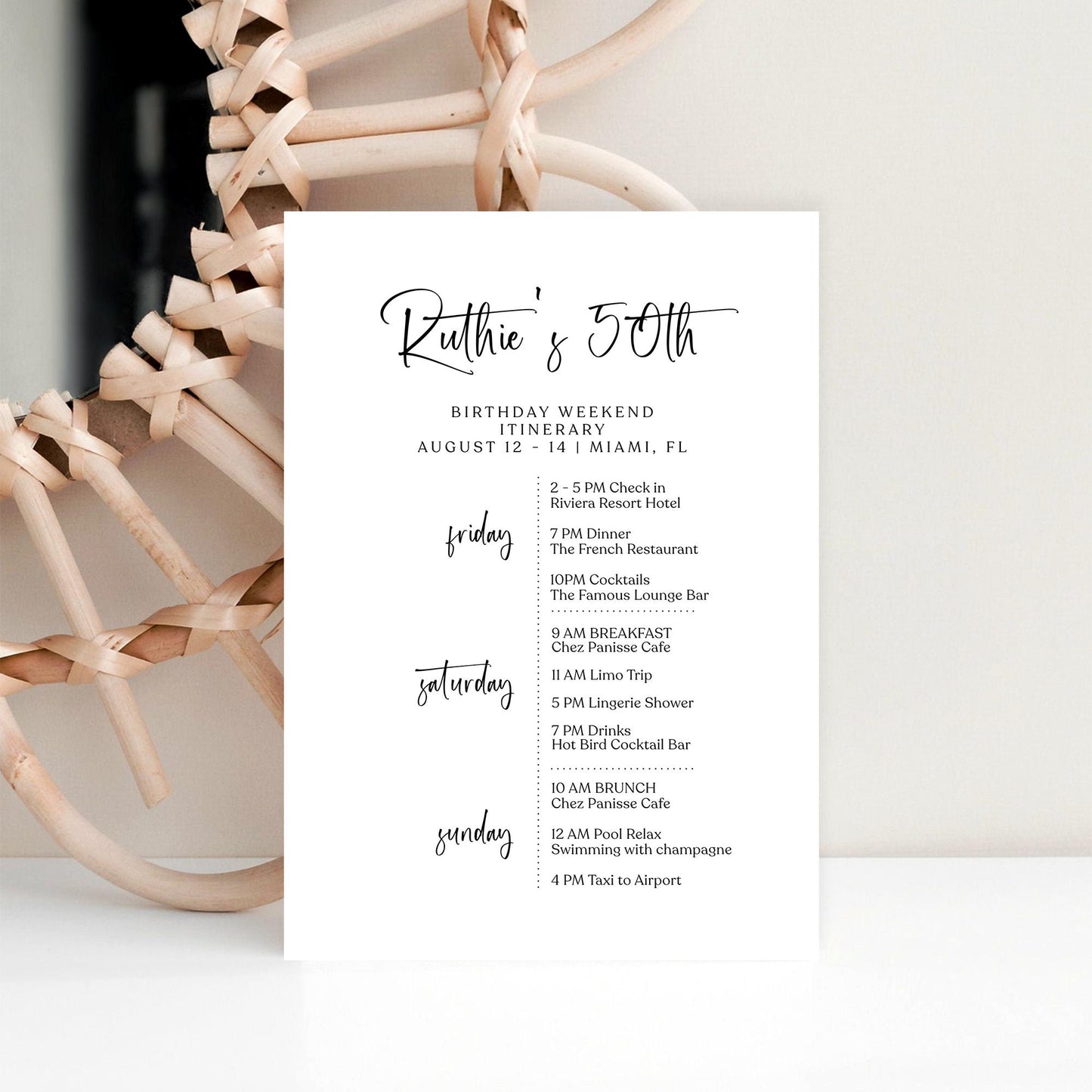 Editable 50th Birthday Weekend Itinerary Template, Printable Minimalist Party Schedule, DIY White Birthday Weekend Planner, Instant Download