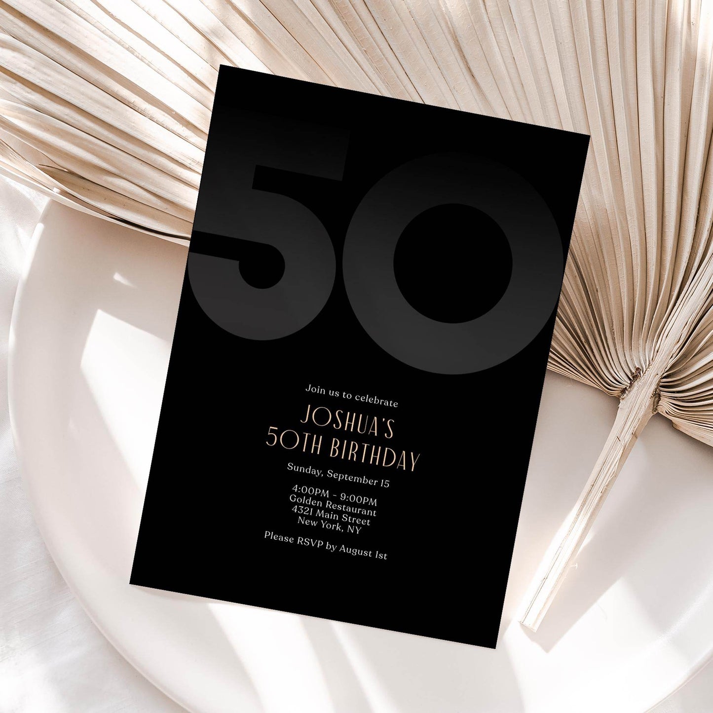 Black 50th Birthday Invitation Template – Editable Modern Party Invite for Him | Printable Elegant Men's Birthday Invitation | Instant Digital Download