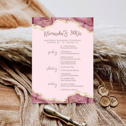 Printable Pink Gold Birthday Weekend Itinerary Template, Editable 30th Birthday Party Weekend Schedule, Digital Planning Program, Instant Download