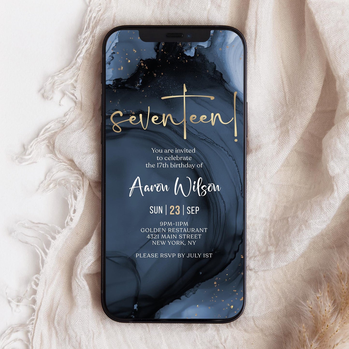 Digital Blue Navy Gold 17th Seventeen Birthday Invitation Template, Electronic Modern Party Invite, Editable Boy Invite, Text Message Evite