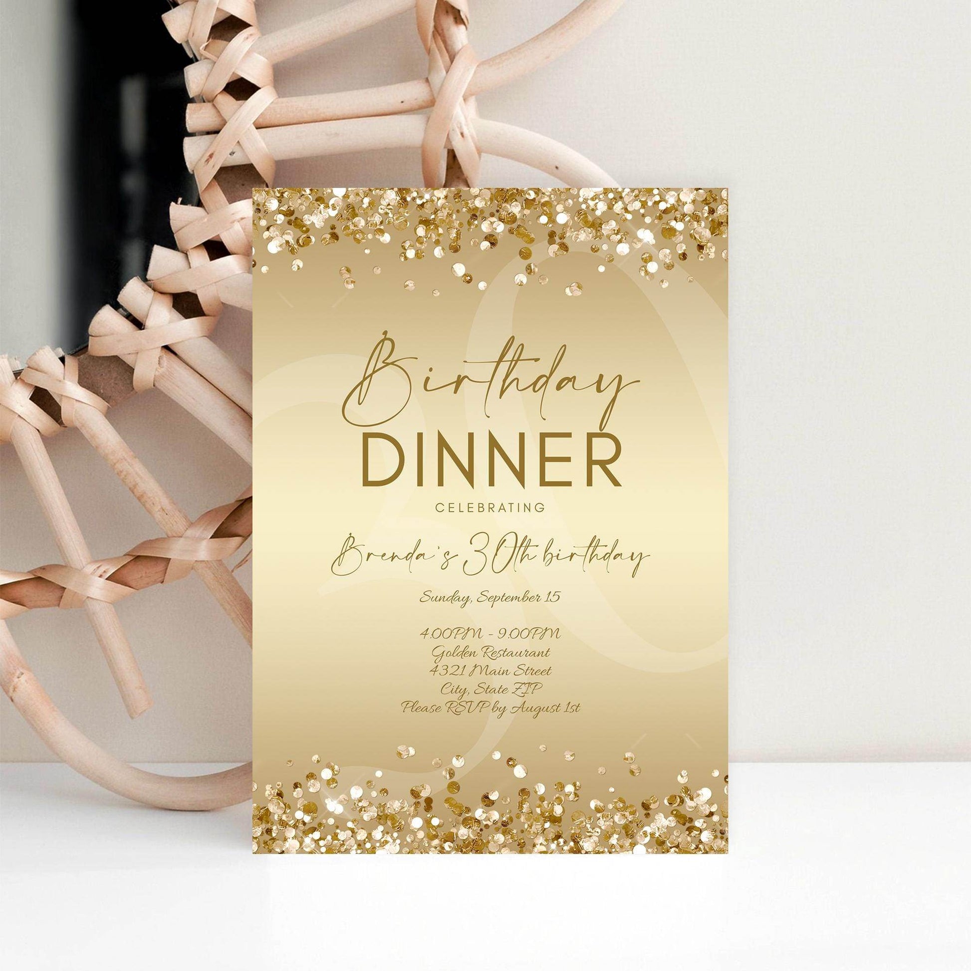 Gold Birthday Dinner Invitation Template Printable, Editable Gold Birthday Dinner Invite, Any Age Birthday, Email Text Message Invitation