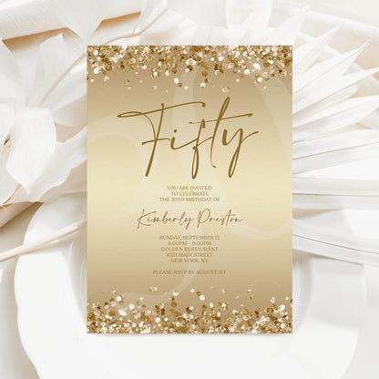 Gold 50th Birthday Invitation Template, Editable Fifty Surprise Party Evite, Digital Gold Invite for Women, Email Text Message Download