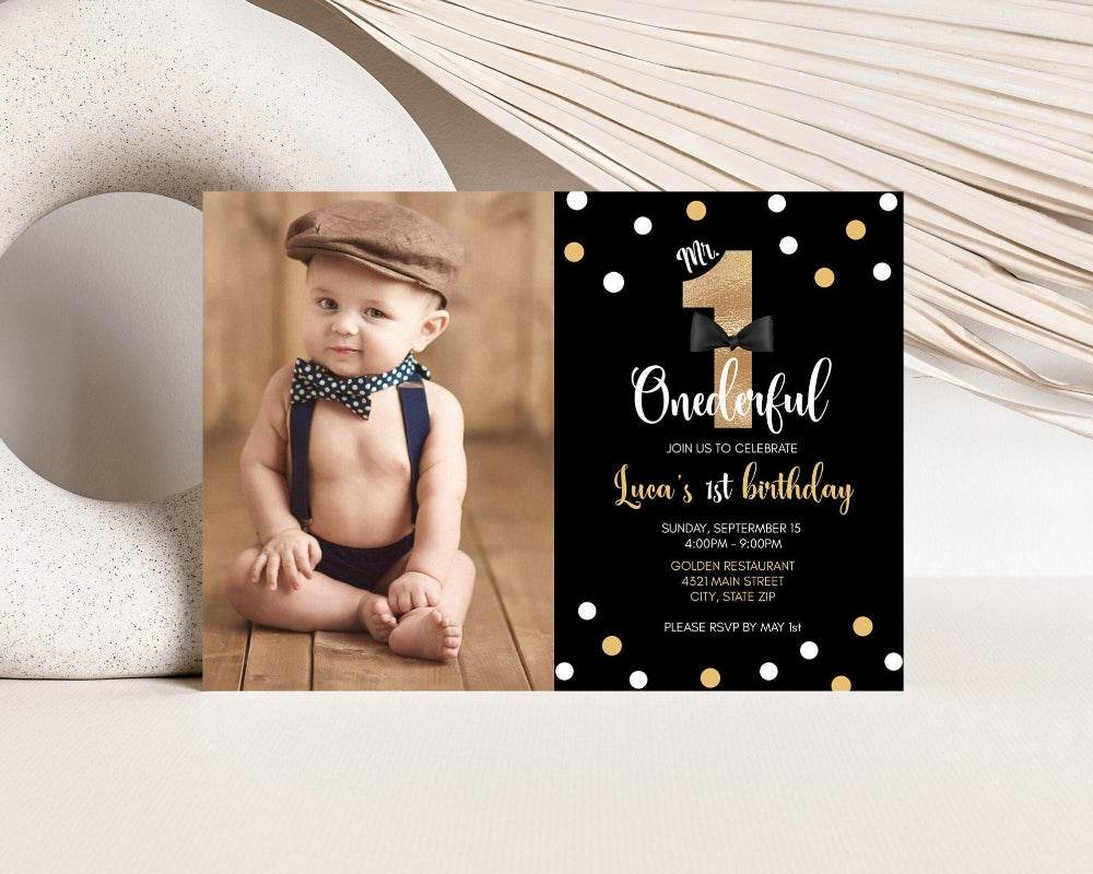Printable Mr. ONEderful Birthday Invitation with Photo, Editable 1st Birthday Invite Template, Bow Tie First Birthday Digital Invitation, Instant Download