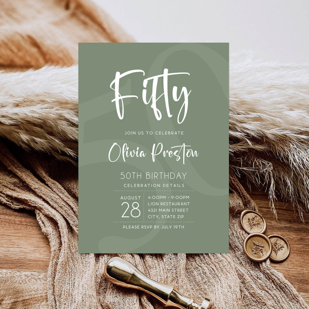 Sage Green 50th Birthday Invitation Template, Minimalist Editable Fifty Invite, Printable Modern Green Party Card, Text Message Evite