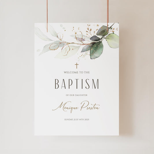 Printable Baptism Welcome Sign Template, Greenery Eucalyptus Leaves, Editable Boho Boy Girl Christening Welcome Poster Board, Baptism Decor