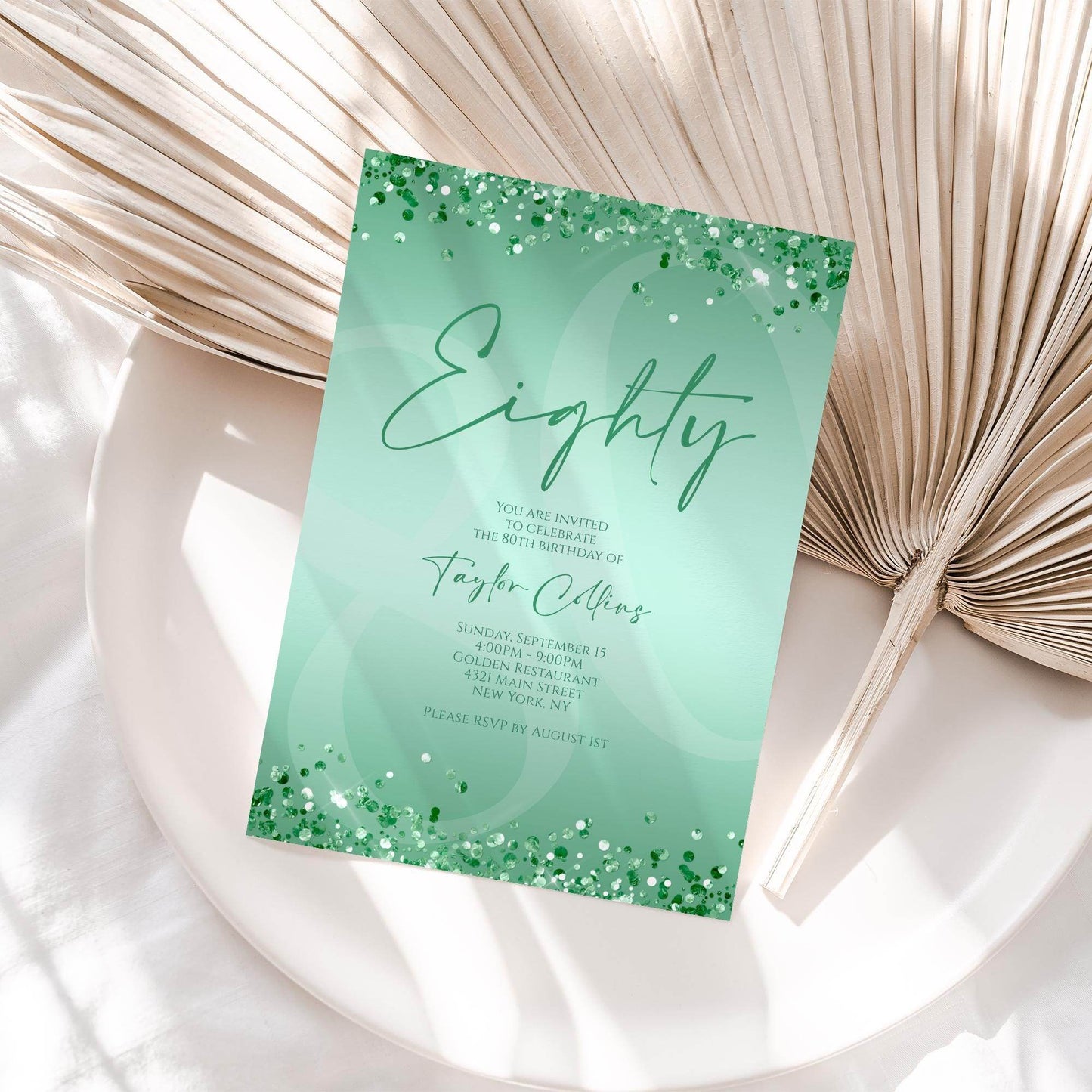 Printable Mint Green 80th Birthday Invitation Template | Editable Digital Mint Birthday Card for Women | Instant Download