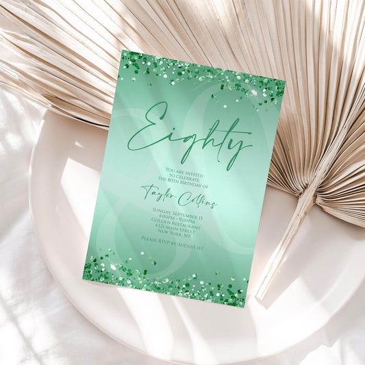 Printable Mint Green 80th Birthday Invitation Template | Editable Digital Mint Birthday Card for Women | Instant Download