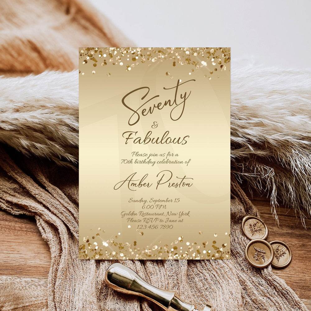 Gold 70th Birthday Invitation for Her – Editable Seventy & Fabulous Surprise Party Evite | Printable Gold Foil Women’s Invite | Instant Digital Download