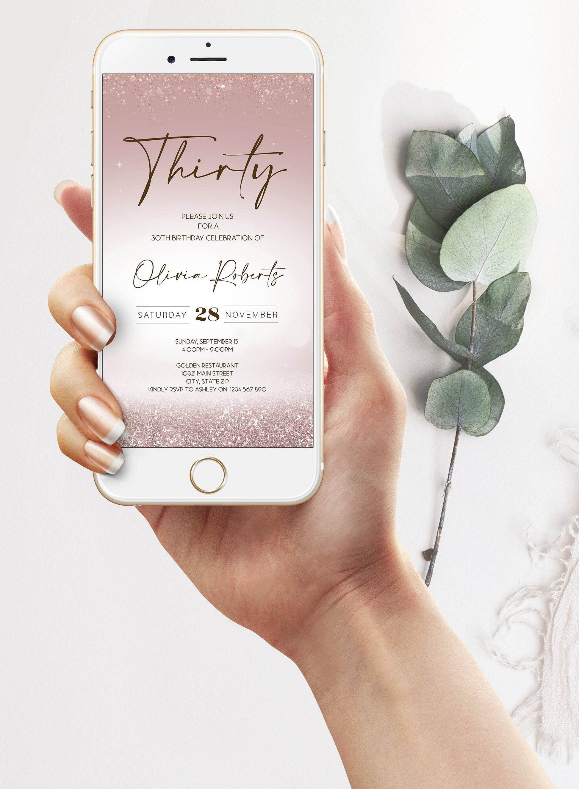Electronic Thirty 30th birthday Evite text message invitation template, Rose Gold editable birthday text invite, Phone Digital invitation