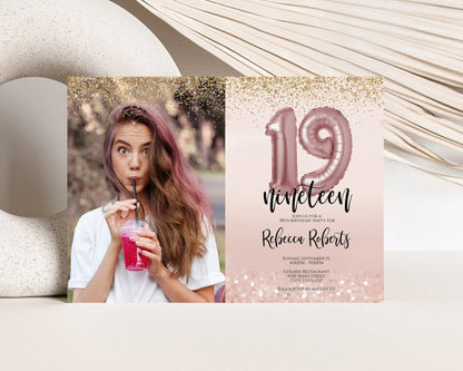 Editable 19th Birthday Invitation with Photo | Rose Gold Balloon Digital Invite | 5x7 Girl Birthday Party Template | Instant Download