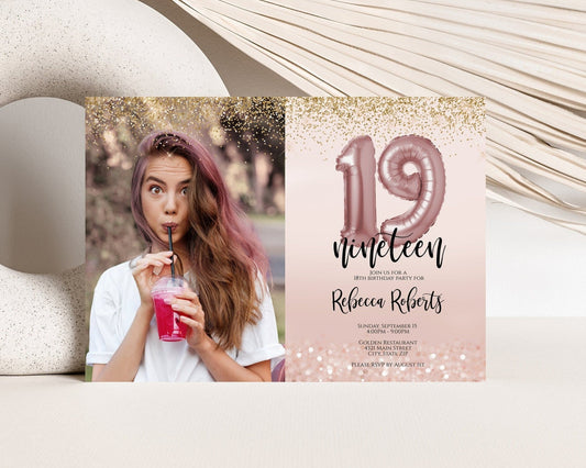 Editable 19th Birthday Invitation with Photo | Rose Gold Balloon Digital Invite | 5x7 Girl Birthday Party Template | Instant Download