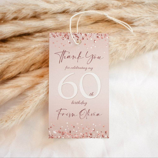 Sixty 60th Birthday Favor Tags – Printable Editable Thank You Tag | Rose Gold Confetti Party Tag | Any Age Birthday Tag | Instant Download
