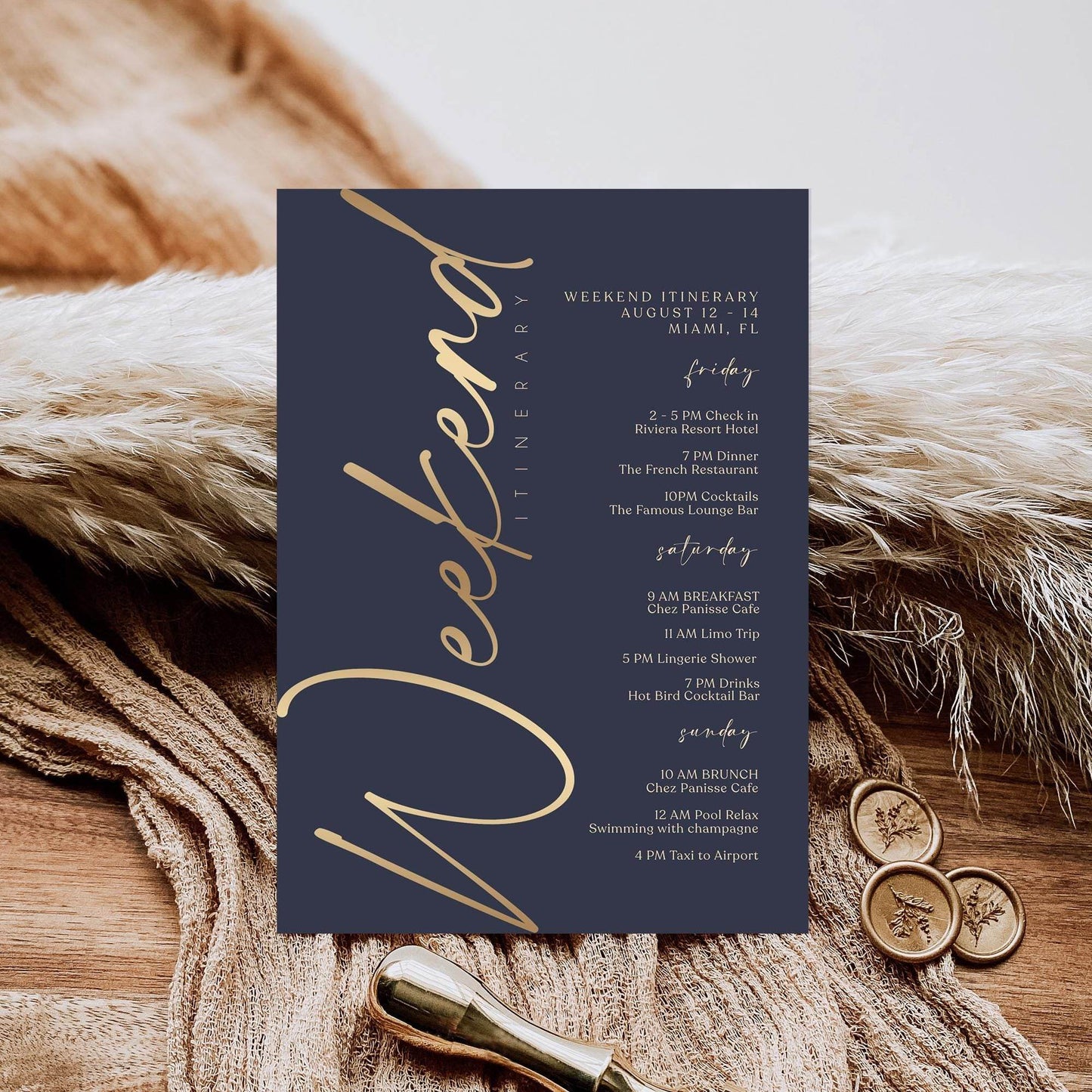 Editable Navy & Gold Weekend Itinerary Template – Elegant Printable Event Schedule | Birthday or Anniversary Weekend Planner | Instant Download