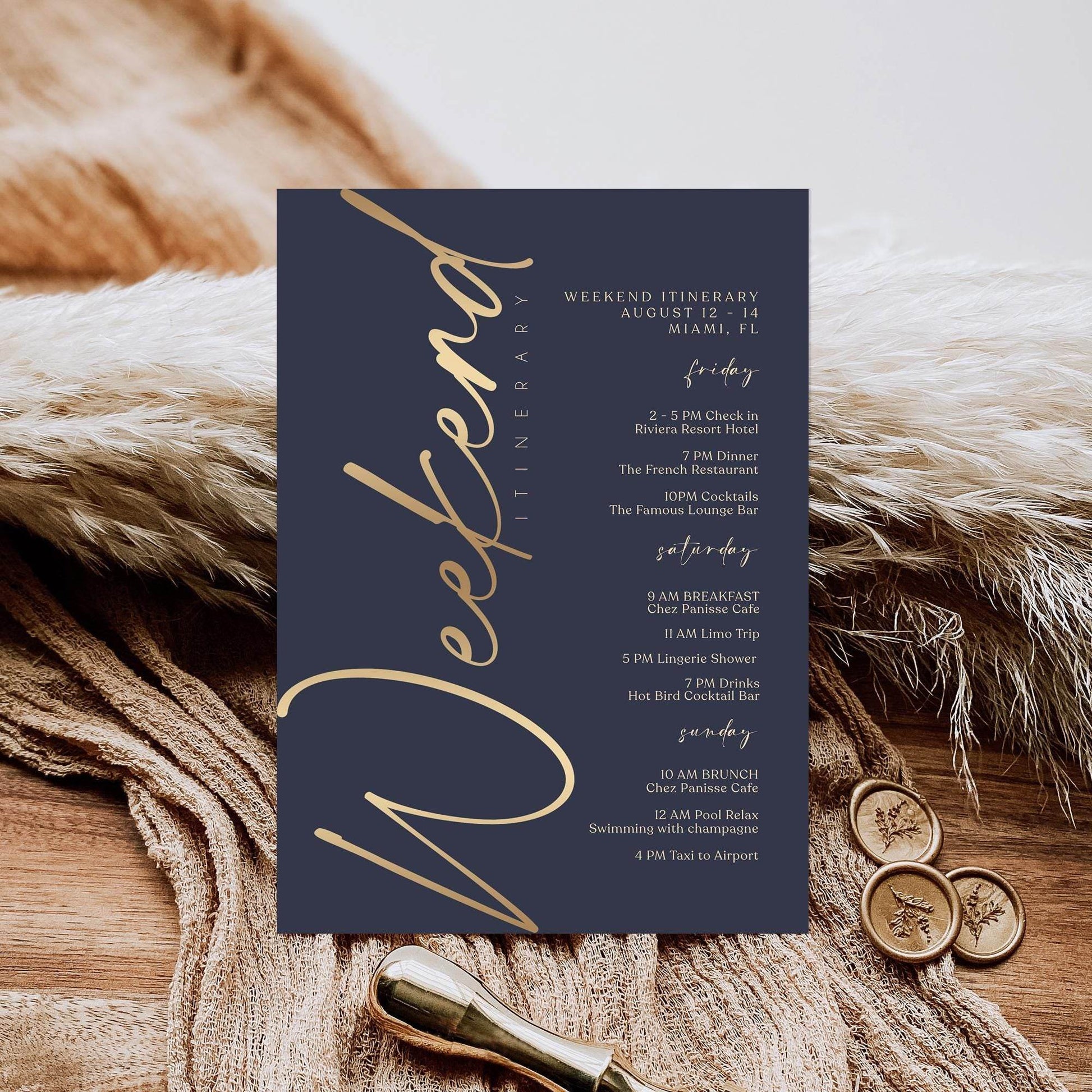 Editable Navy & Gold Weekend Itinerary Template – Elegant Printable Event Schedule | Birthday or Anniversary Weekend Planner | Instant Download
