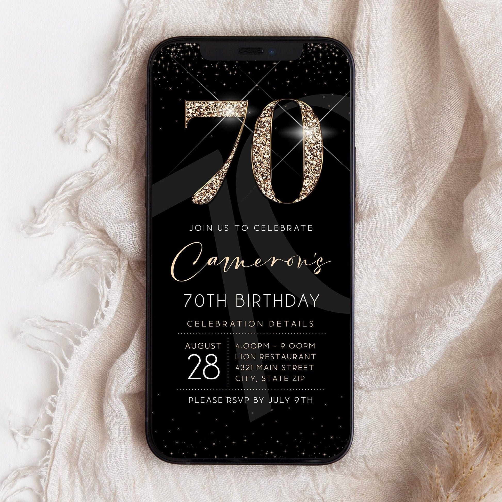 Luxury Digital 70th Seventy Birthday Evite Invitation Template, Electronic Black Gold Modern Invite, Email Text Message Evite, Phone Invite