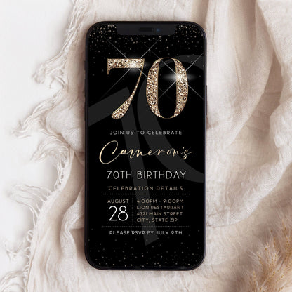 Luxury Digital 70th Seventy Birthday Evite Invitation Template, Electronic Black Gold Modern Invite, Email Text Message Evite, Phone Invite