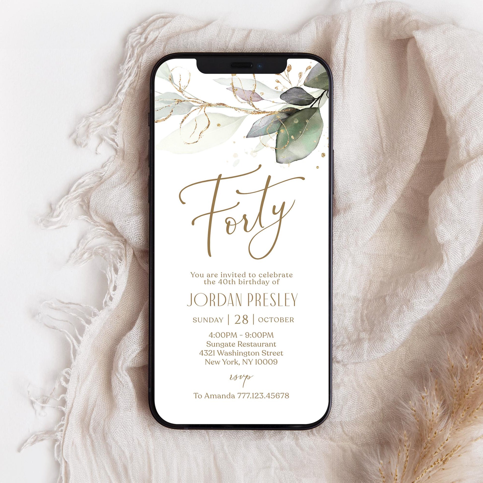 Greenery Electronic Forty 40th birthday Invitation Template, Digital 40th Forty Birthday Invite, Editable Template, Phone Text Message Evite