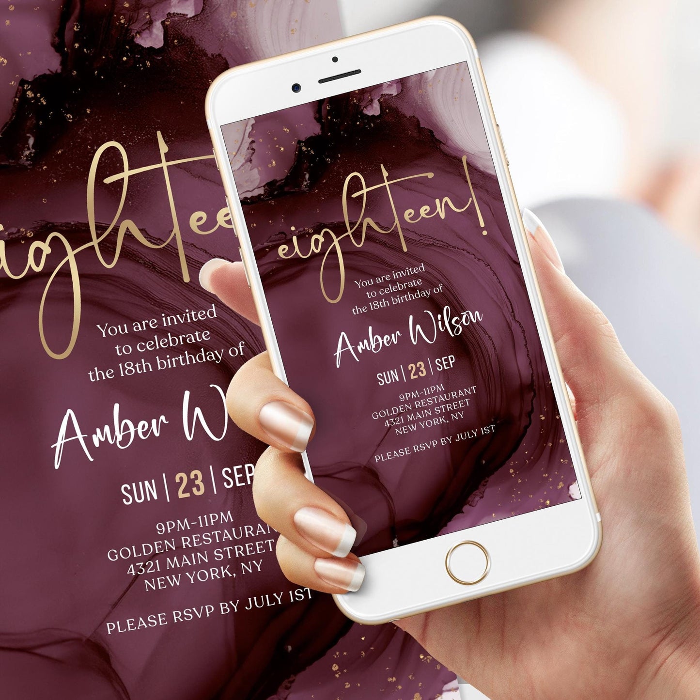 Digital Purple Gold 18th Eighteen Birthday Invitation Template, Electronic Modern Party Invite, Editable Girl Invite, Text Message Evite
