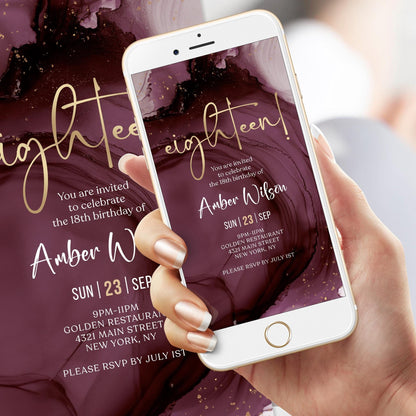 Digital Purple Gold 18th Eighteen Birthday Invitation Template, Electronic Modern Party Invite, Editable Girl Invite, Text Message Evite