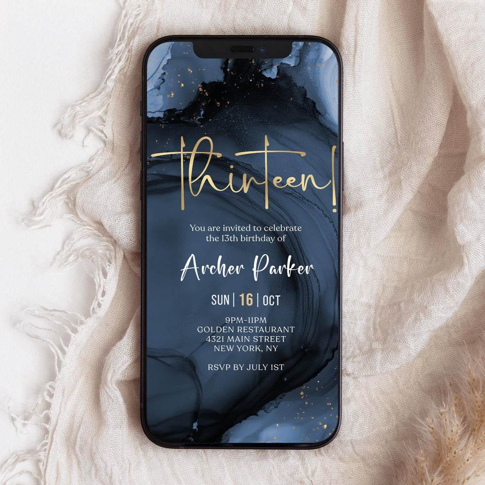 Blue Navy Gold 13th Birthday Invitation – Boy Digital Party Invite – Editable Teen Birthday Template – Text Message Evite – Electronic Download