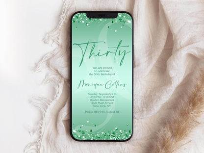 Digital Mint Green 30th Birthday Invitation Template | Electronic Mint Foil Confetti Birthday Invite | Editable Text Message Evite