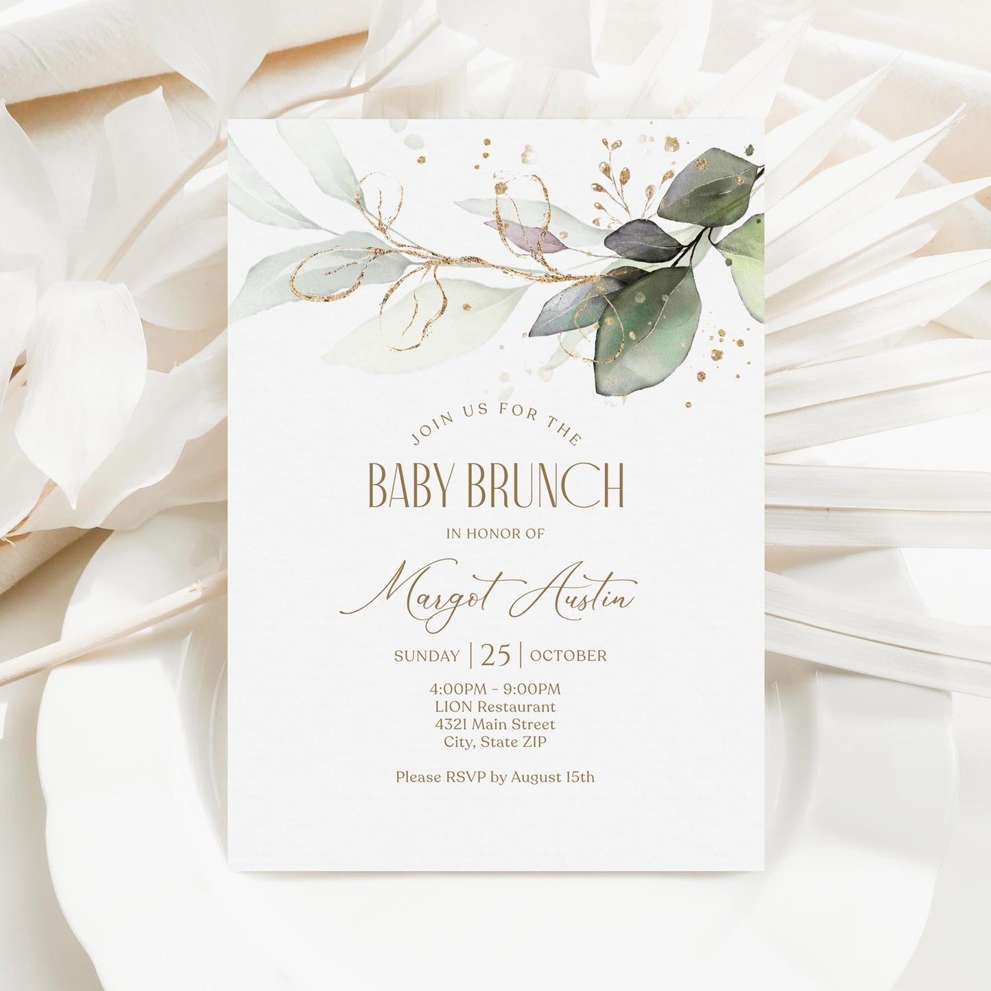 Editable Baby Shower Brunch Invitation Card Template, Greenery Baby Brunch Invite, Printable Baby Brunch Evite, Greenery Leaves Invitation