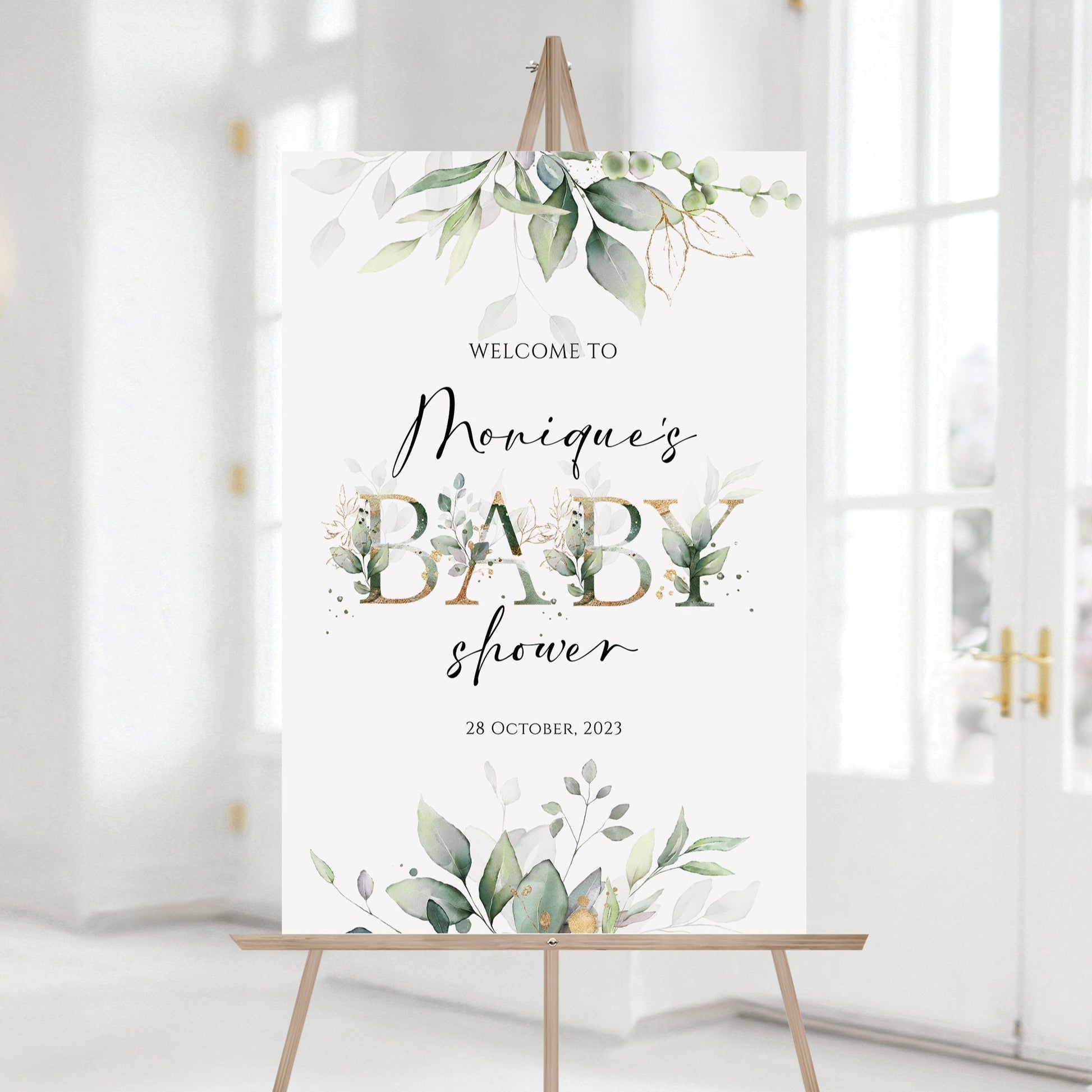 Editable Greenery Baby Shower Welcome Sign Template, Printable Baby Shower Welcome Sign, Green Gold Baby Shower Decoration, Instant Download