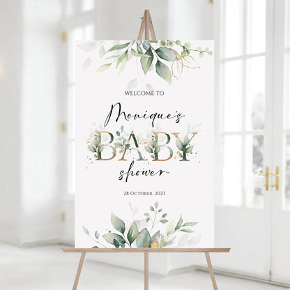 Editable Greenery Baby Shower Welcome Sign Template, Printable Baby Shower Welcome Sign, Green Gold Baby Shower Decoration, Instant Download