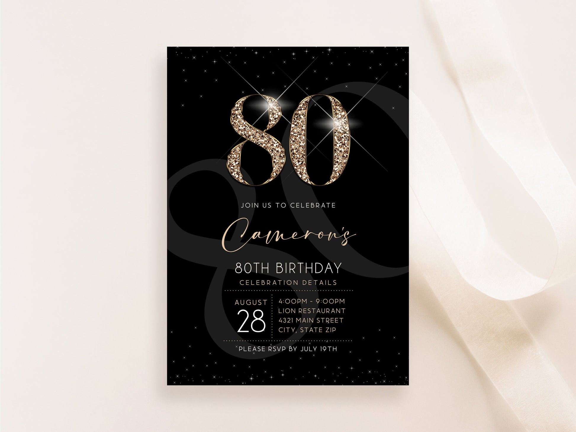 Black Gold Luxury 80th Eighty Birthday Invitation Template, Printable Men's Invite, Editable Invitation, Elegant Invite, Email Text Message