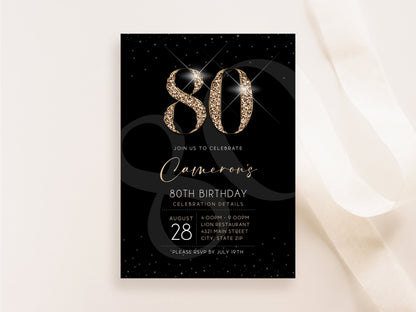 Black Gold Luxury 80th Eighty Birthday Invitation Template, Printable Men's Invite, Editable Invitation, Elegant Invite, Email Text Message