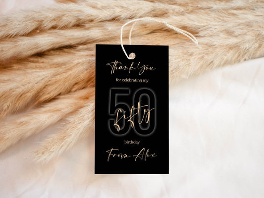 Black Gold Fifty 50th Birthday Favor Tag, Printable Thank You Tag Template, Black Modern Tags, Any Age Birthday Tag, Editable Thank You Tag